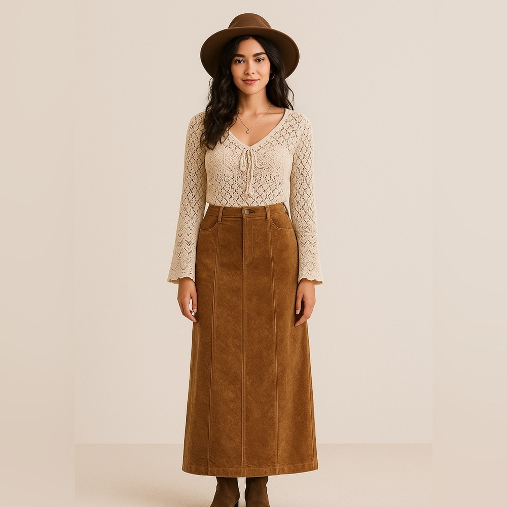Point Zero Boho Chic Light Brown Maxi Skirt Crushed Velvet Feel 100% Viscose